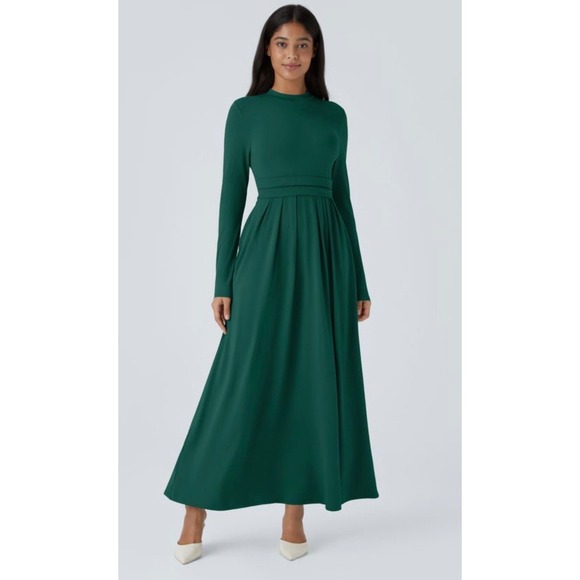 HALARA Dresses & Skirts - Halara long-sleeve, mock-neck, side-pocket, flare maxi casual dress green L NWT